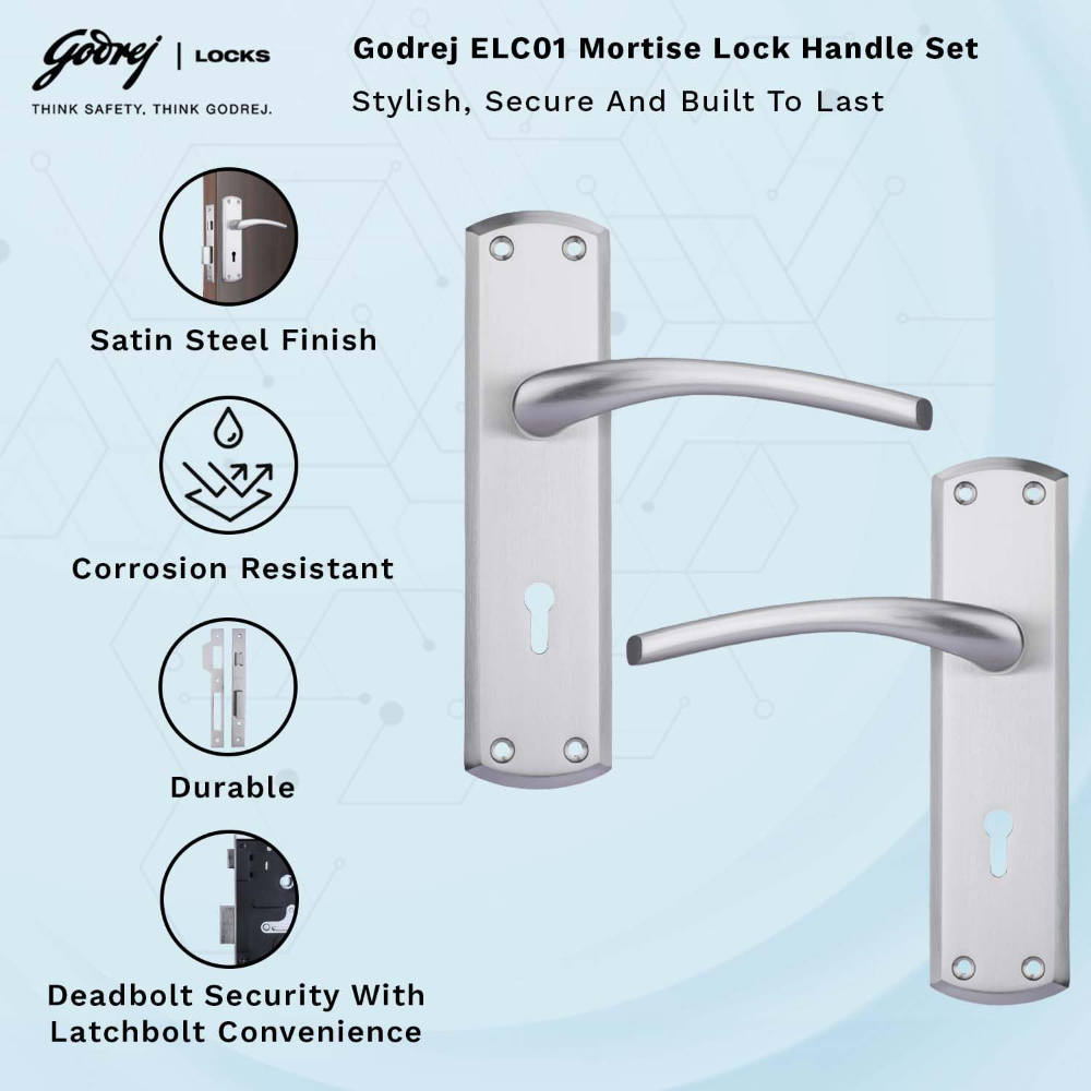 Godrej Mortise Door Lock | ELC 01-6 Levers | Handle Set with 2 Keys | Suitable for Left & Right Handed, Inside & Outside Opening Door Handle Set | Satin Steel Finish | Silver | 5 Years Warranty